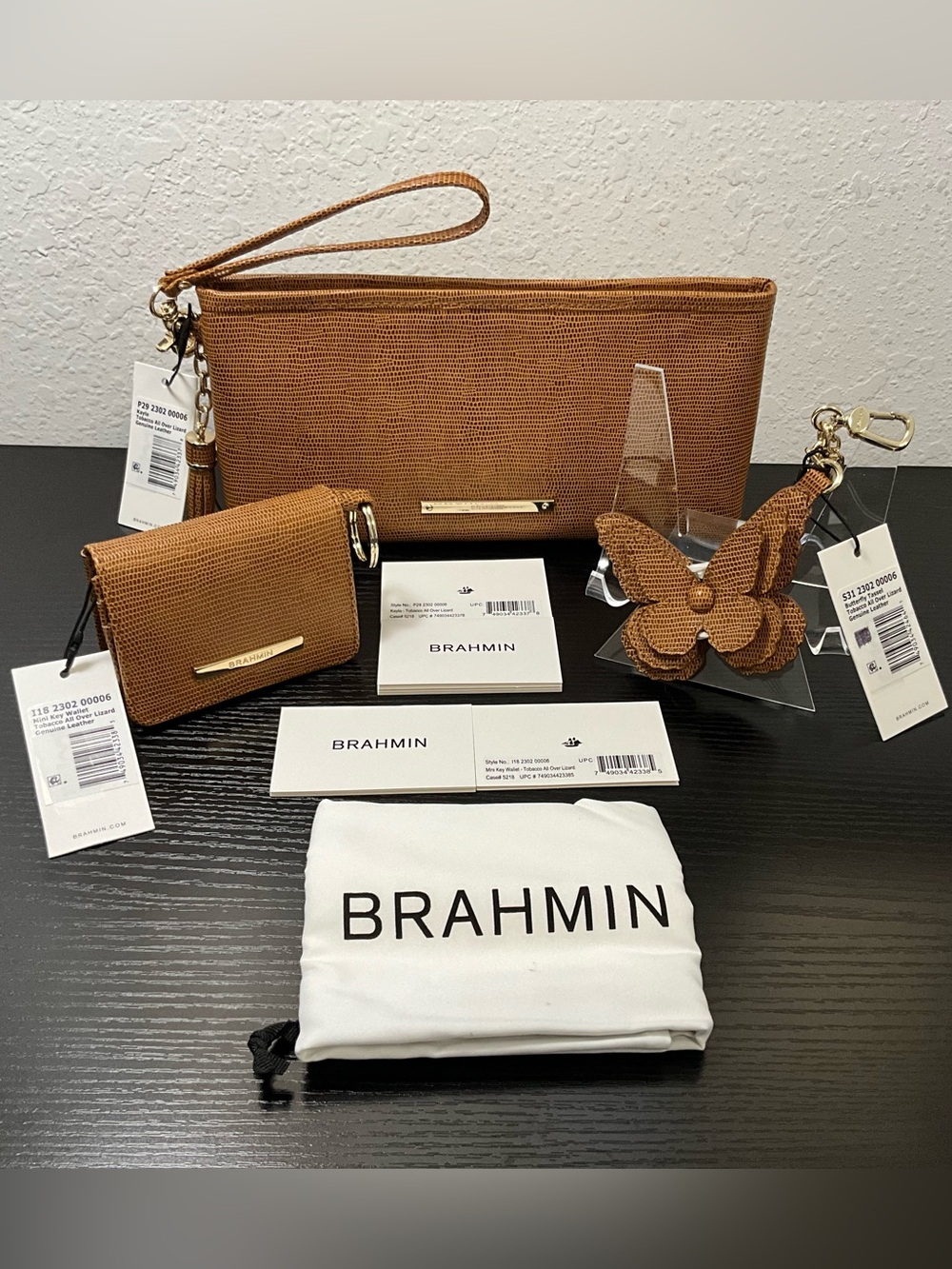 Brahmin 3pc Set Kayla Mini Wallet Butterfly Charm TOBACCO ALL OVER LIZARD
